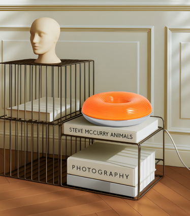 Moderne Lindby Tischleuchte in leuchtendem Orange auf dekorativem Regalsystem.