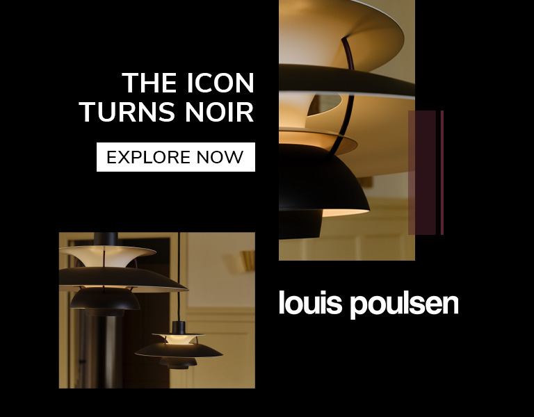 Advertisement featuring black Louis Poulsen pendant lamps with the text &lsquo;The Icon Turns Noir,&rsquo; a button labeled &lsquo;Explore Now,&rsquo; and the Louis Poulsen logo.