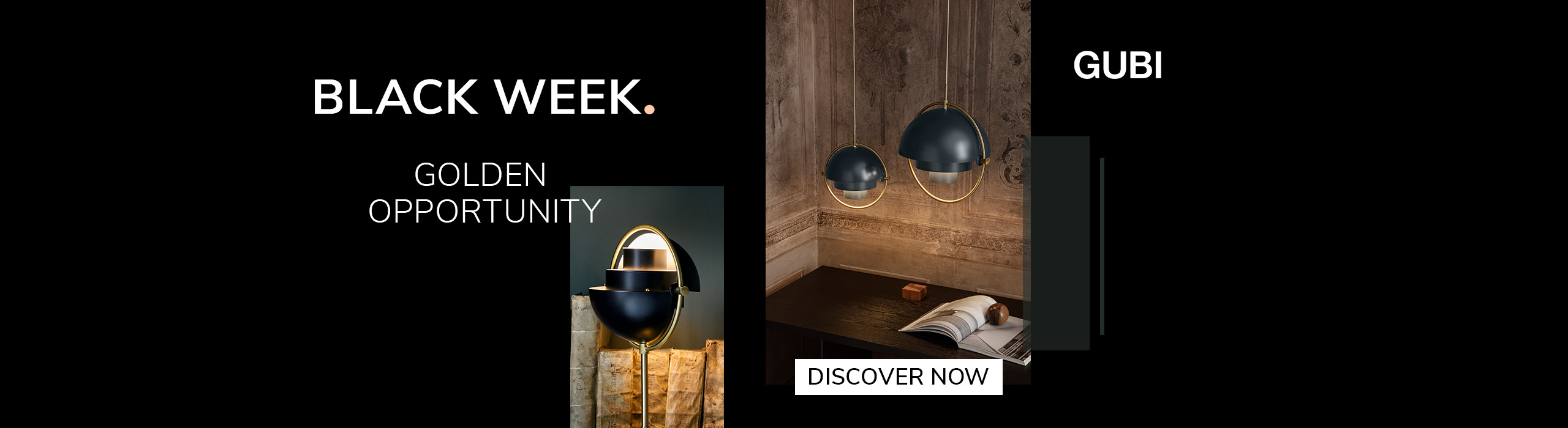 Two modern pendant lamps with dark blue domes and gold accents hanging above a wooden desk in a warmly lit, ornate room. Text reads: &lsquo;Black Week. Golden Opportunity. GUBI.&rsquo; A button says &lsquo;Discover Now.