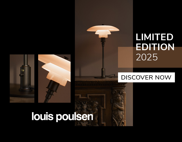Louis Poulsen limited-edition 2025 table lamp in warm ambient lighting, displayed on a carved wooden cabinet with product close-up details
