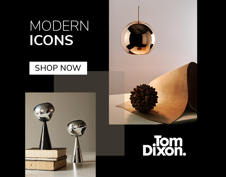 Tom Dixon metallic lighting and sculptural objects, including a copper pendant and chrome table lights, displayed on neutral surfaces. Text reads: &lsquo;Modern Icons. Shop Now. Tom Dixon.&rsquo;